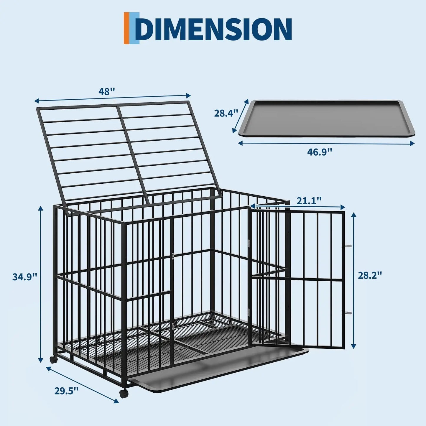 36/42/48 Inch Heavy Duty Stainless Steel Dog Crate Escape Proof Indestructible Dog Kennel With Wheels & Removable Tray