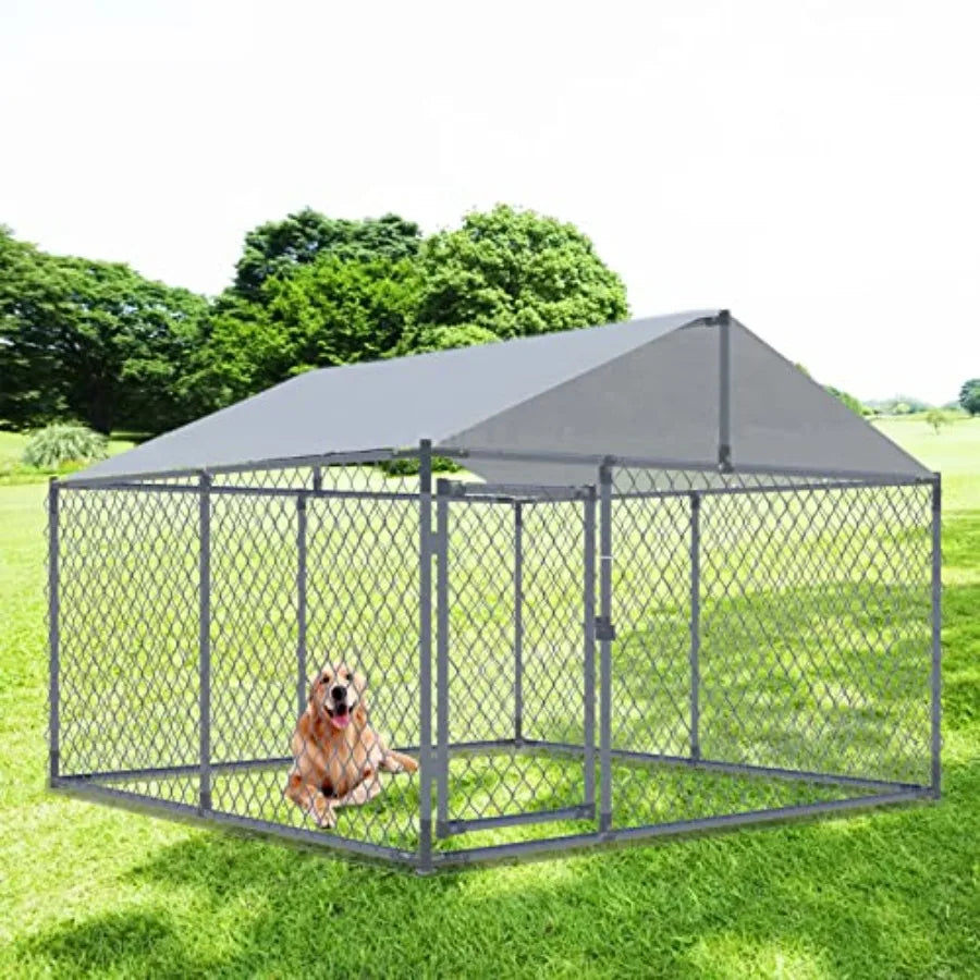 Outdoor Large Dog Kennel Heavy Duty Dog House Extra Wide Pet Kennel with Water-Resistant Cover for Back Yard Farm Silver