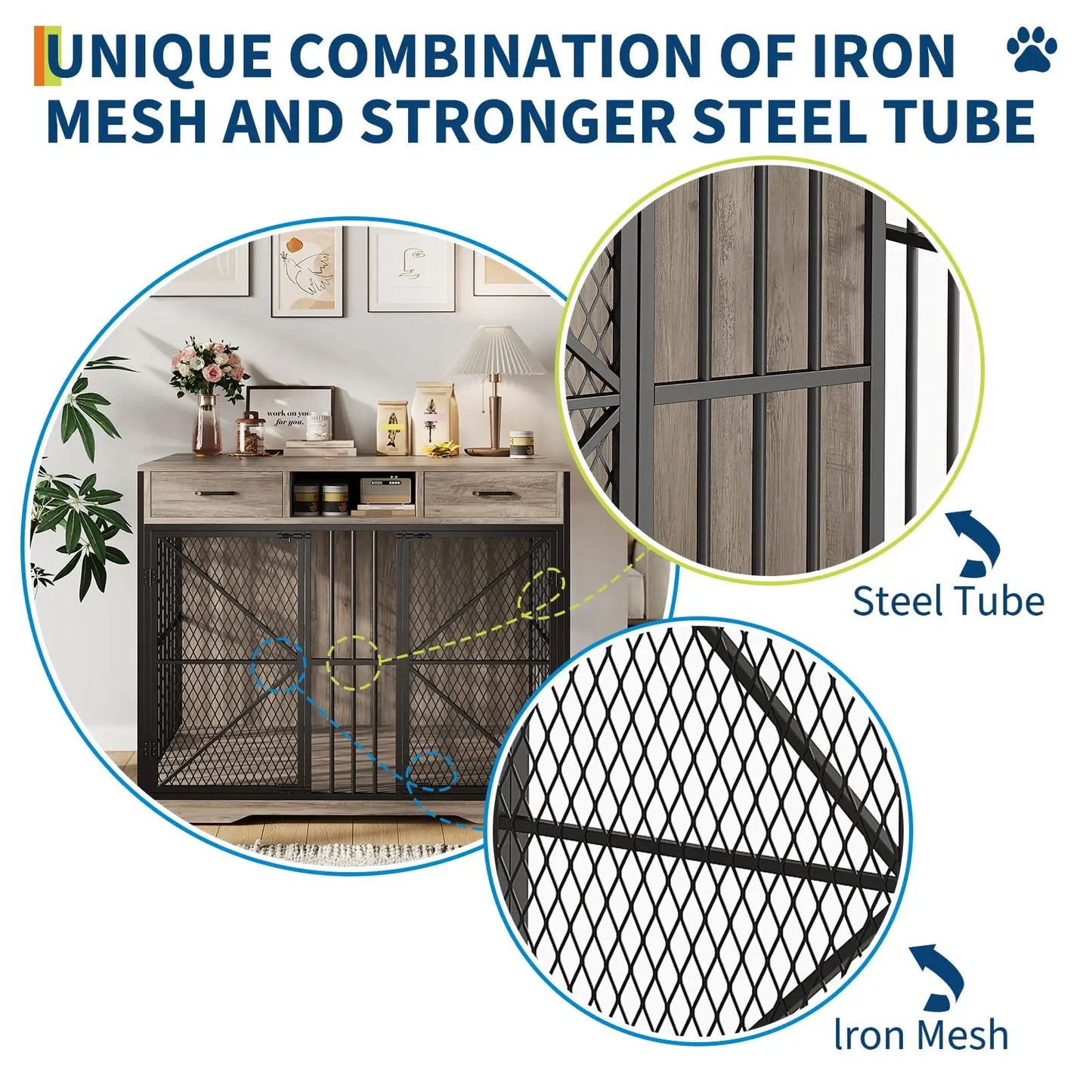 44" Large Dog Crate Furniture Heavy Duty Multi-Functional Pet Kennel Table With 2 Drawers Open Compartment Decorative Dog House