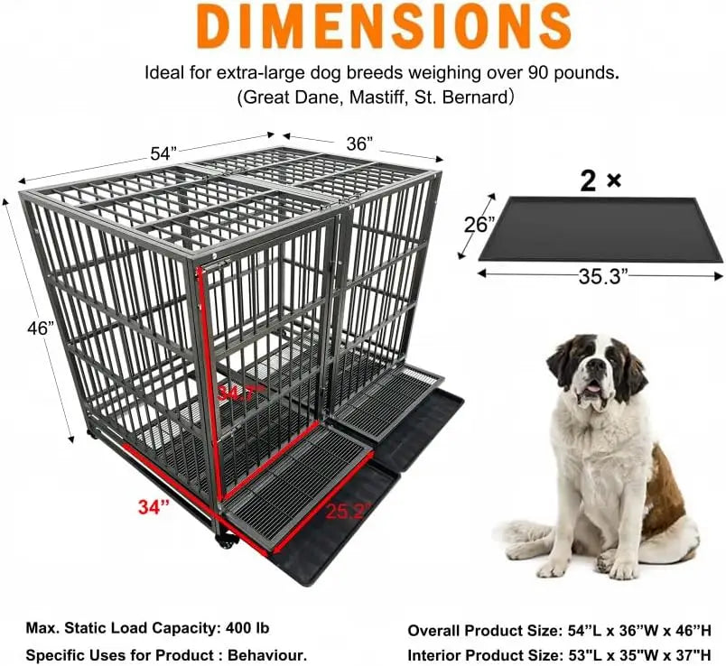 54-Inch Heavy-Duty Steel Dog Crate with Wheels, Escape-Proof Kennel for Large Breeds, Double Door & Tray