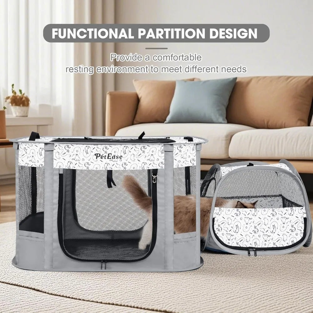 Portable 2-in-1 Dog Crate playpen, Outdoor Cat Playpen with Litter Box Area for Indoor Cats Enclosed Rabbit Puppy Hamster, Indoo