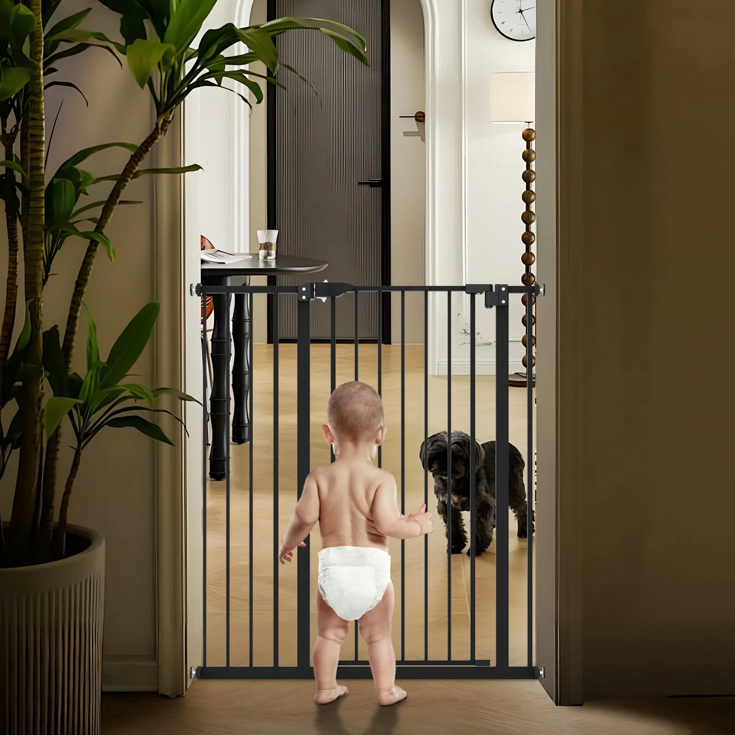 Pet Dog Gate 41 Inch Tall Metal Safety Stairway Barrier for Pets and Babies Adjustable Width 27 to 34 Inches Free Standing Pet