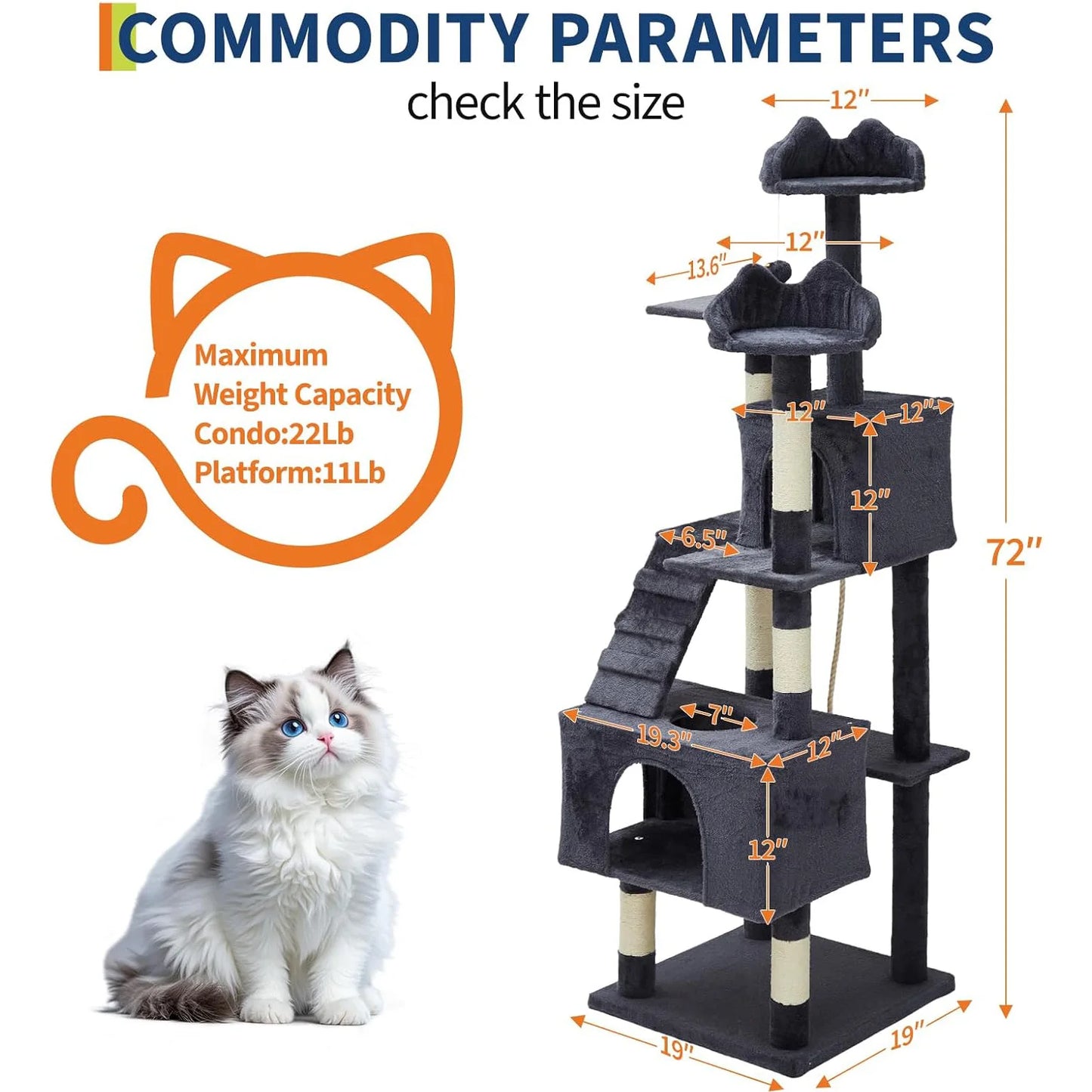 74" Tall Cat Tree For Large Cats Heavy Duty Multi-Level Anti-Tip Cat Tower With 6 Scratching Posts Top Perch & Cozy Rest Areas