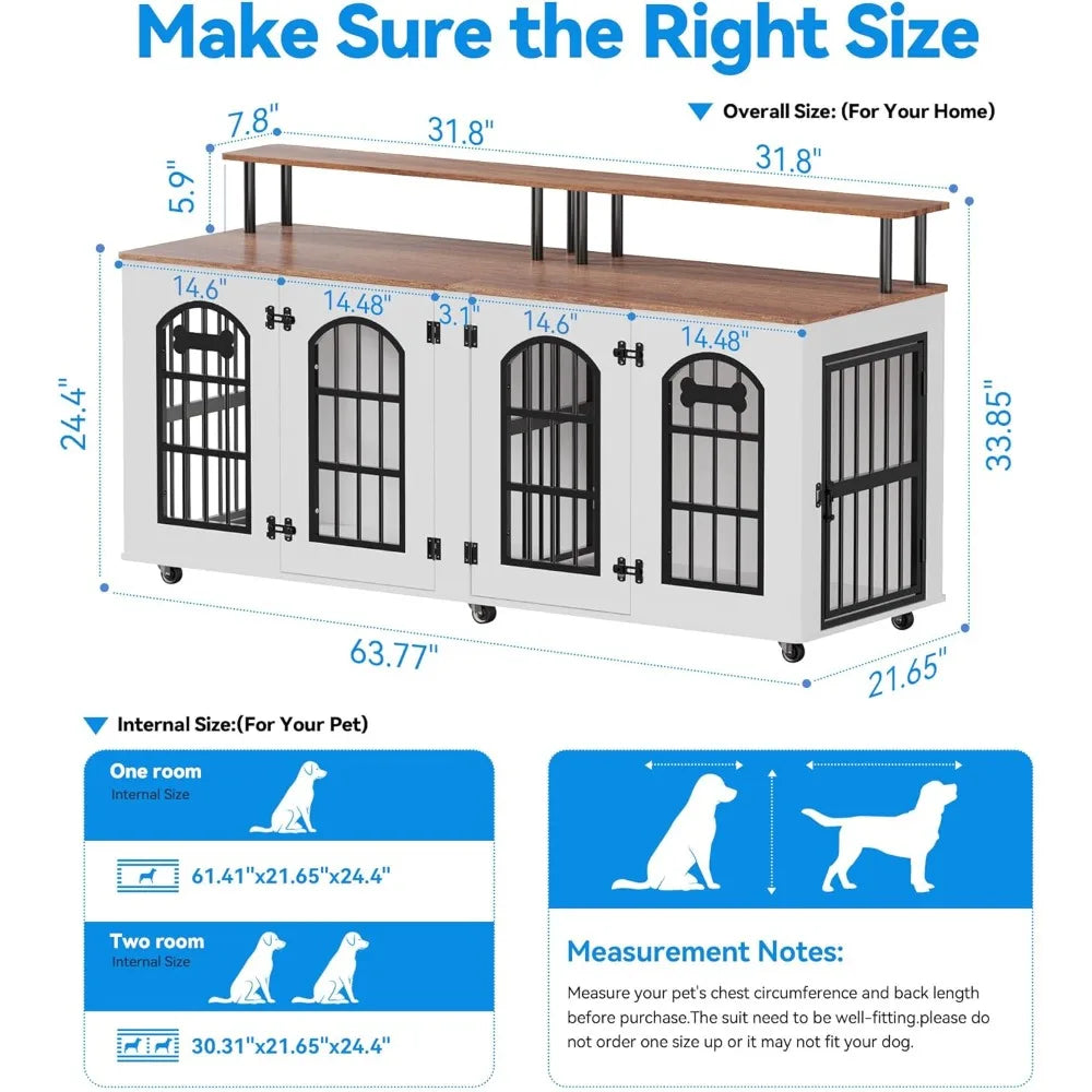 Modern Double Dog Crate Furniture for 2 Medium Dogs, Wooden Dog Kennel Indoor with Divider, Wheels, Storage, Heavy Duty Decorati