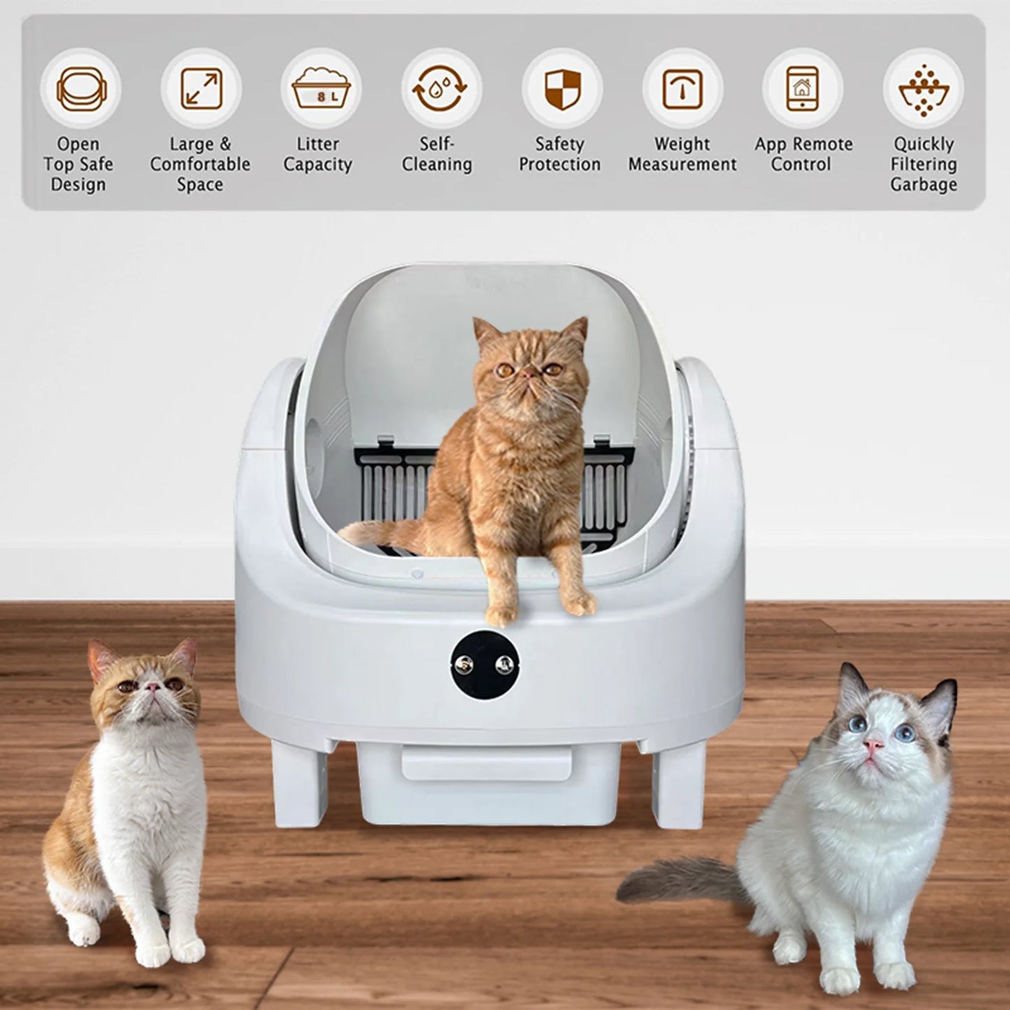 HEYBO PET Large Capacity Self Cleaning Cat Litter Box Safety App Control Odor Free Waste Bin Auto Smart Open Cat Litter Box