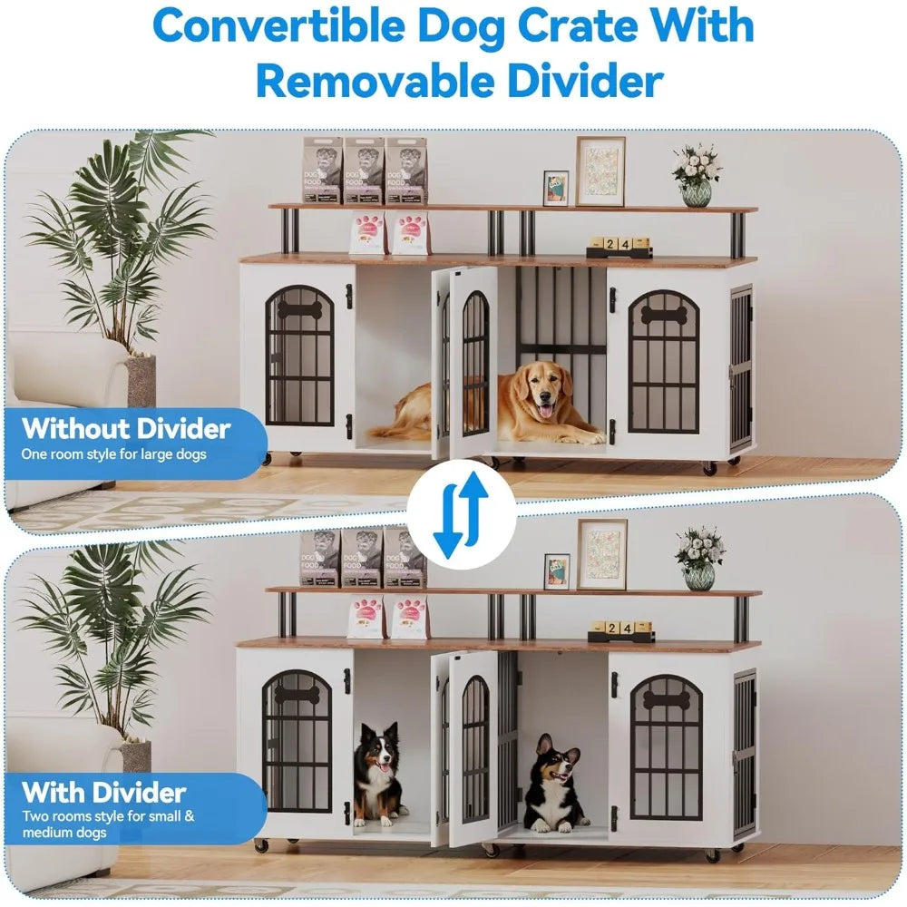 Modern Double Dog Crate Furniture for 2 Medium Dogs, Wooden Dog Kennel Indoor with Divider, Wheels, Storage, Heavy Duty Decorati