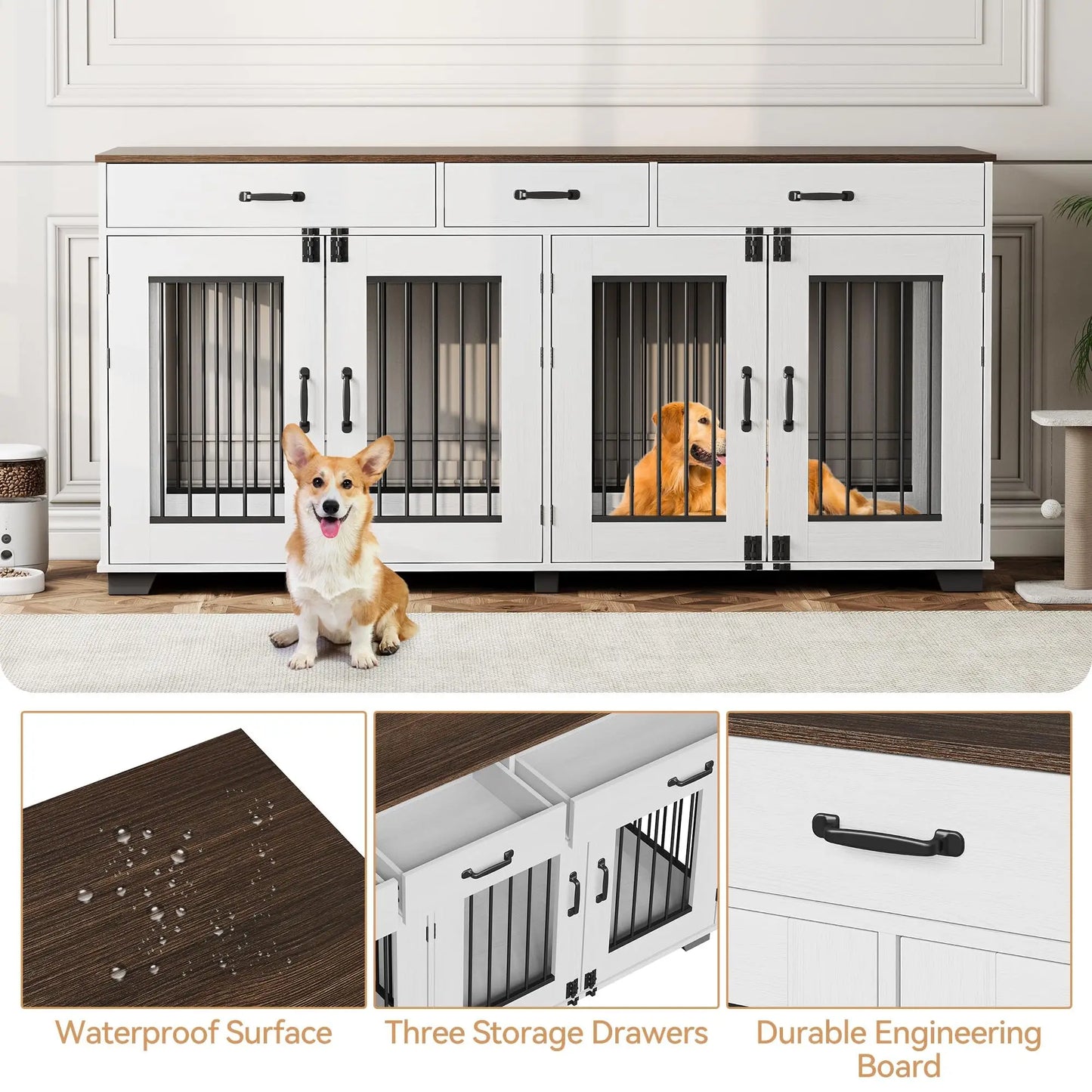 71'' Heavy Duty Double Dog Crate Furniture 2-in-1 Kennel With Divider 3 Storage Drawers & TV Stand For Medium Large Dogs