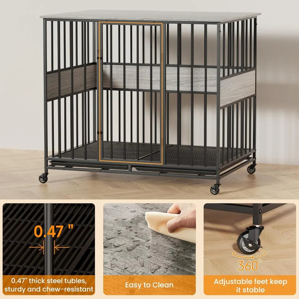 Farmhouse Style Wooden Dog Crate With Wheels End Table