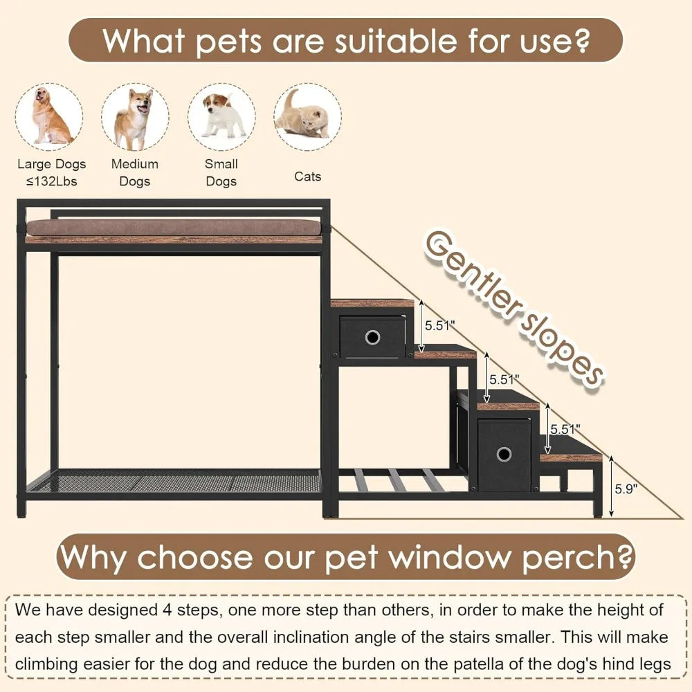 dual-level pet bunk bed with detachable stairs, storage drawers, and window perch for dogs and cats