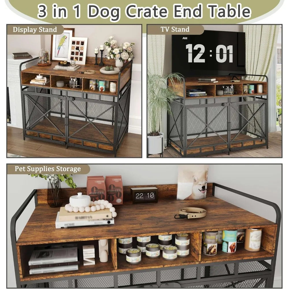 Dog Crate Furniture, 48 Inch Large Dog Kennel End Table with 3 Drawers, Heavy Duty Dog Crate for Large Dogs, Wooden Decorative X