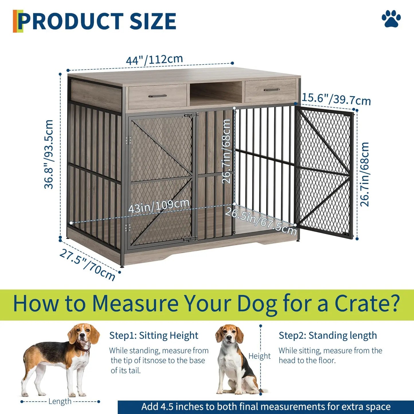 44" Large Dog Crate Furniture Heavy Duty Multi-Functional Pet Kennel Table With 2 Drawers Open Compartment Decorative Dog House