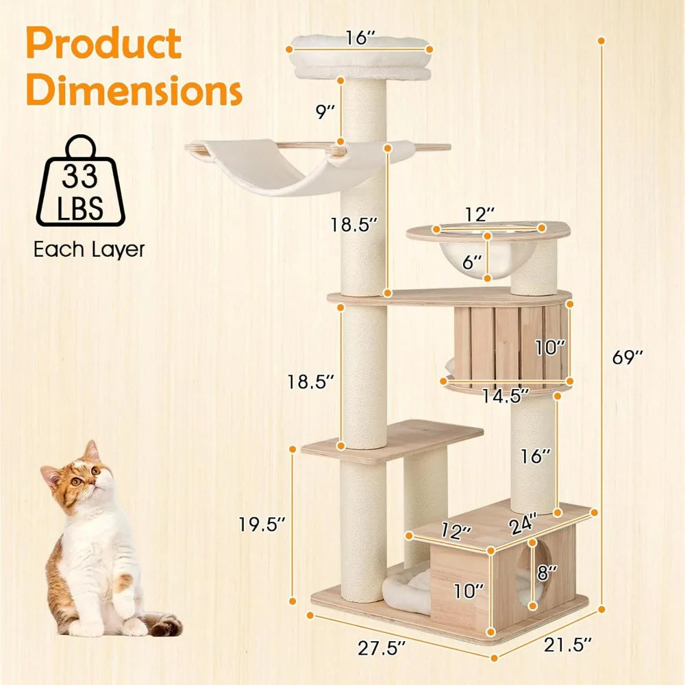 Very PETSITE 69 Inch Tall Wood Cat Tree, Multi-Level Modern Cat Tower With 5.7 Inch Scratching Posts, Double Cat Condos, Space C