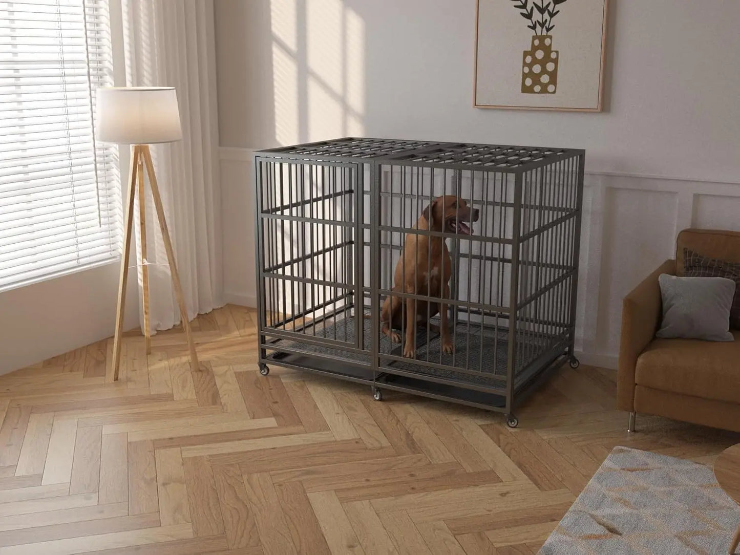 54-Inch Heavy-Duty Steel Dog Crate with Wheels, Escape-Proof Kennel for Large Breeds, Double Door & Tray