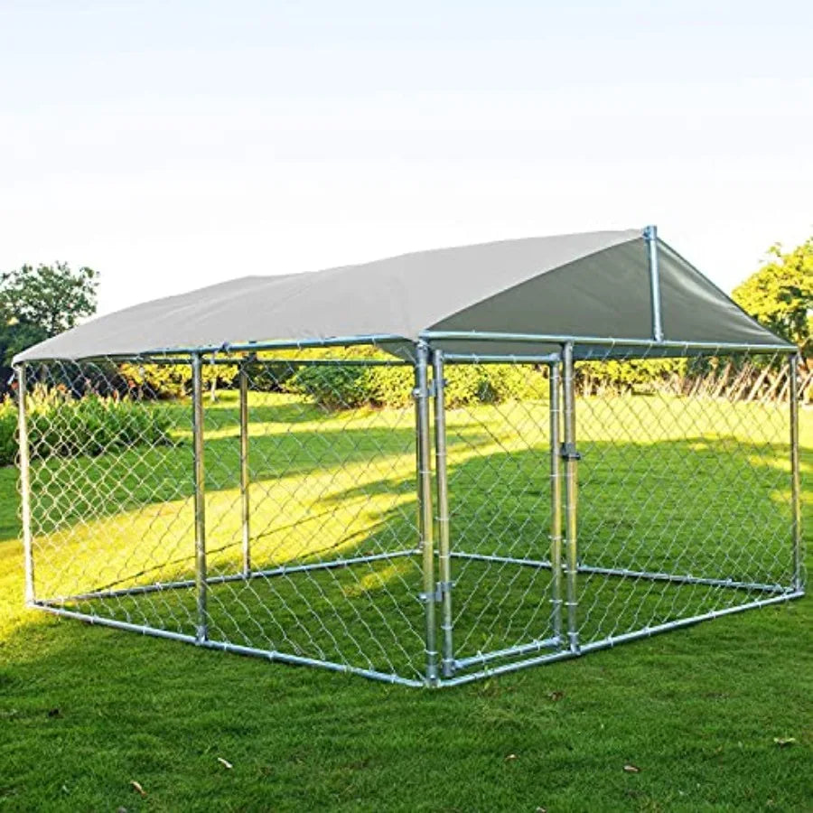 Outdoor Large Dog Kennel Heavy Duty Dog House Extra Wide Pet Kennel with Water-Resistant Cover for Back Yard Farm Silver