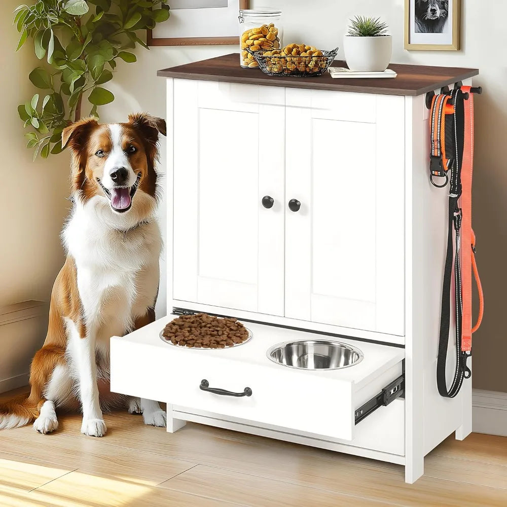 Feeding Station with Bowls and Storage – Pet Food Cabinet Organizer for Dogs and Cats – Elevated Dog Feeder Furniture