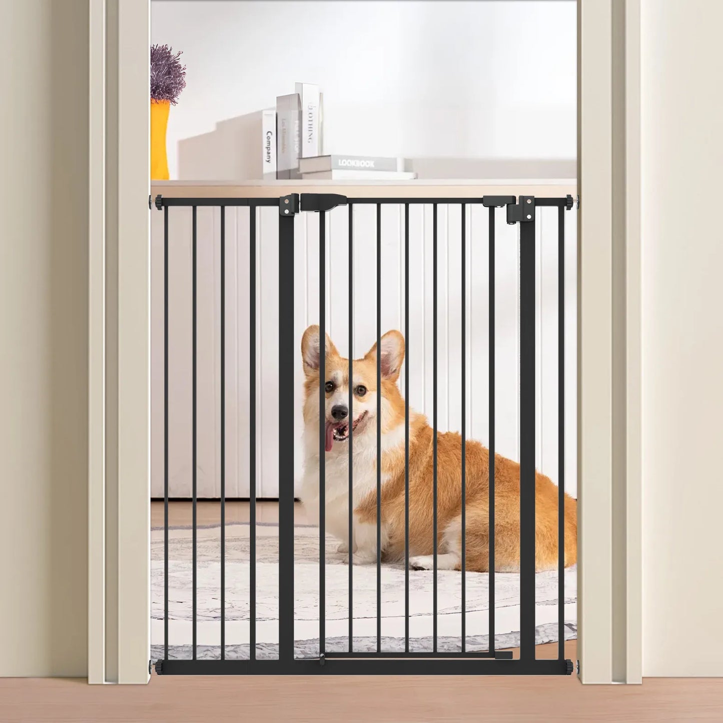Pet Dog Gate 41 Inch Tall Metal Safety Stairway Barrier for Pets and Babies Adjustable Width 27 to 34 Inches Free Standing Pet