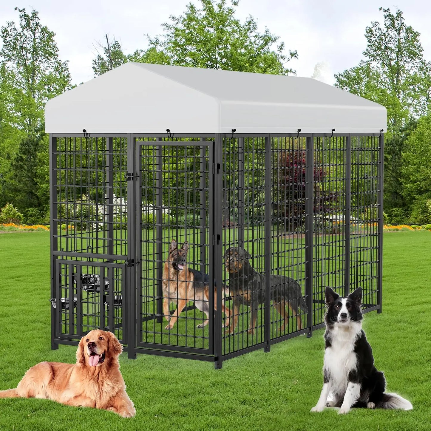 Heavy Duty Outdoor Dog Kennel with Rotating Bowls, 8x4x5.6ft, Durable Steel Frame and Waterproof Cover