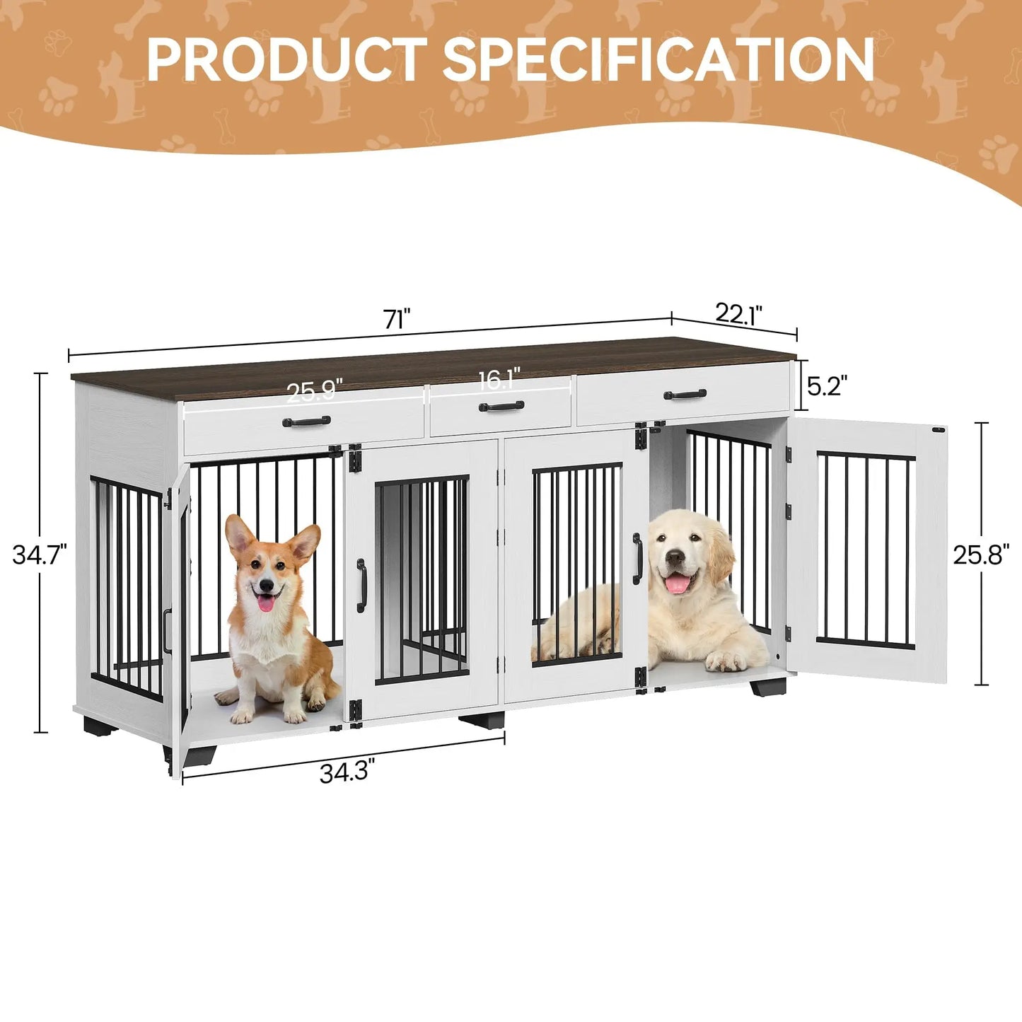 71'' Heavy Duty Double Dog Crate Furniture 2-in-1 Kennel With Divider 3 Storage Drawers & TV Stand For Medium Large Dogs
