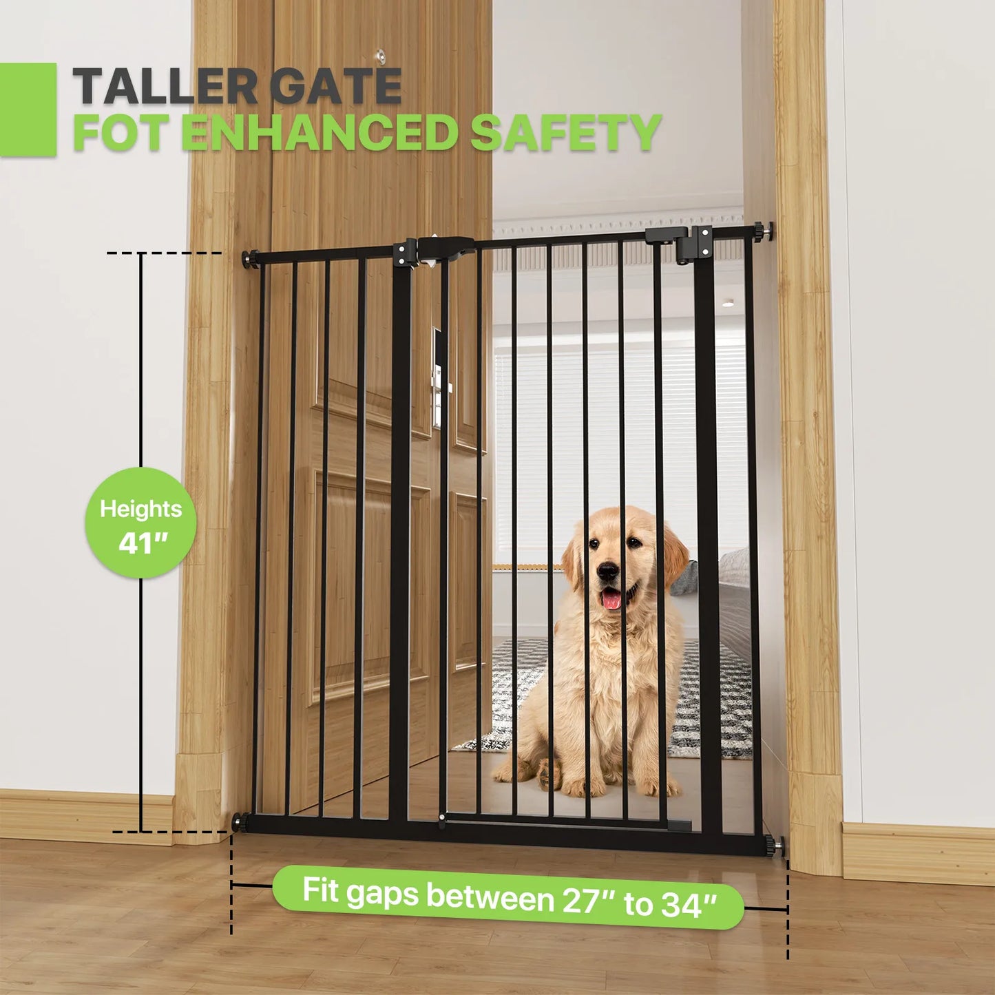 Pet Dog Gate 41 Inch Tall Metal Safety Stairway Barrier for Pets and Babies Adjustable Width 27 to 34 Inches Free Standing Pet