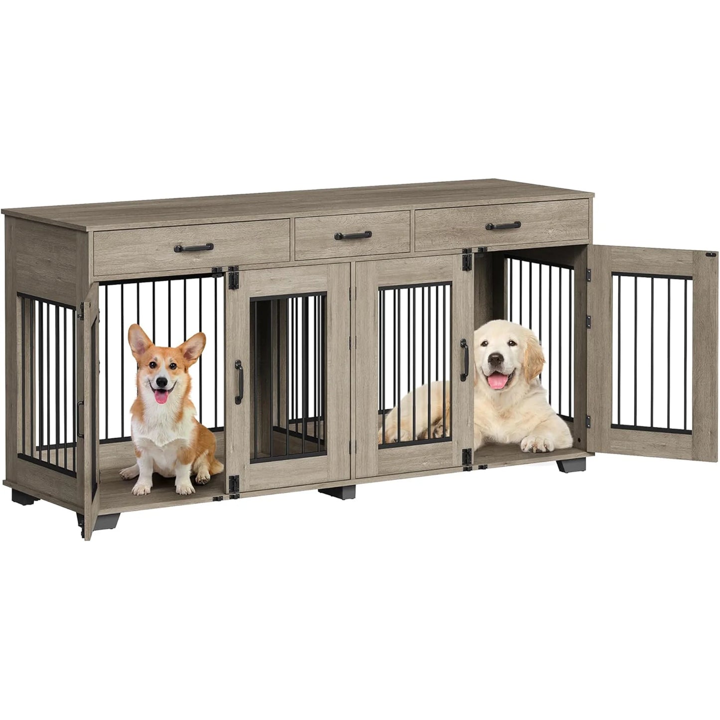 71'' Heavy Duty Double Dog Crate Furniture 2-in-1 Kennel With Divider 3 Storage Drawers & TV Stand For Medium Large Dogs