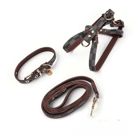 Vintage Plaid Lightweight Dog Three-Piece Set Pet Adjustable Harness Leash Collar Set for Small and Medium Dog Puppy Accessories