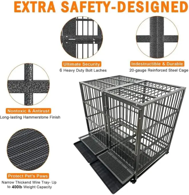 54-Inch Heavy-Duty Steel Dog Crate with Wheels, Escape-Proof Kennel for Large Breeds, Double Door & Tray
