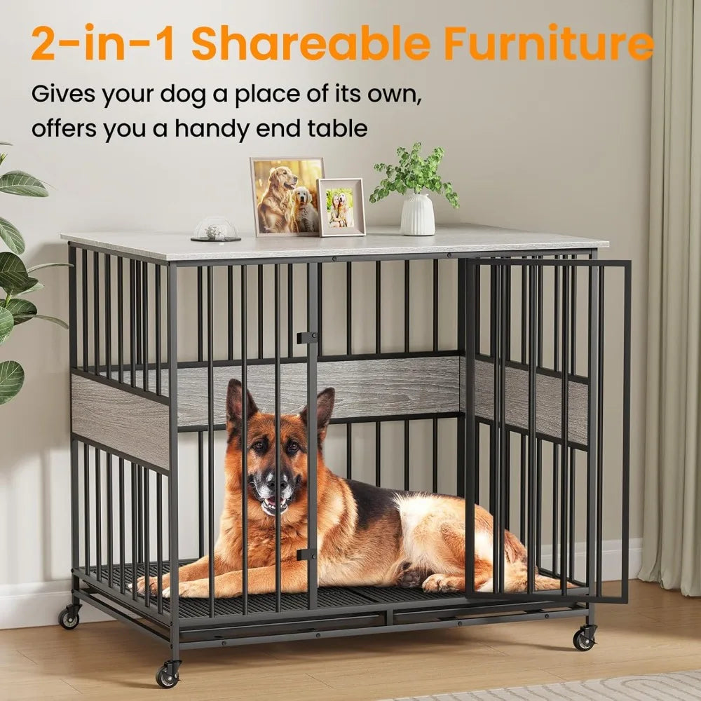 Farmhouse Style Wooden Dog Crate With Wheels End Table