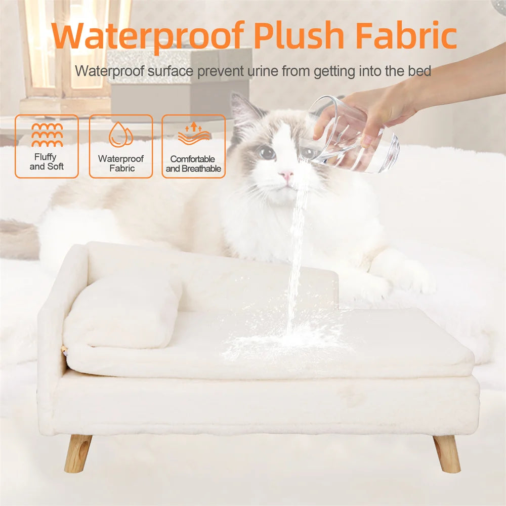 Luxury Elevated Dog Sofa Bed with Backrest Plush Cushion Wooden Legs Raised Dog Bed Lounger Chair for Small Medium Dog Cat Chair