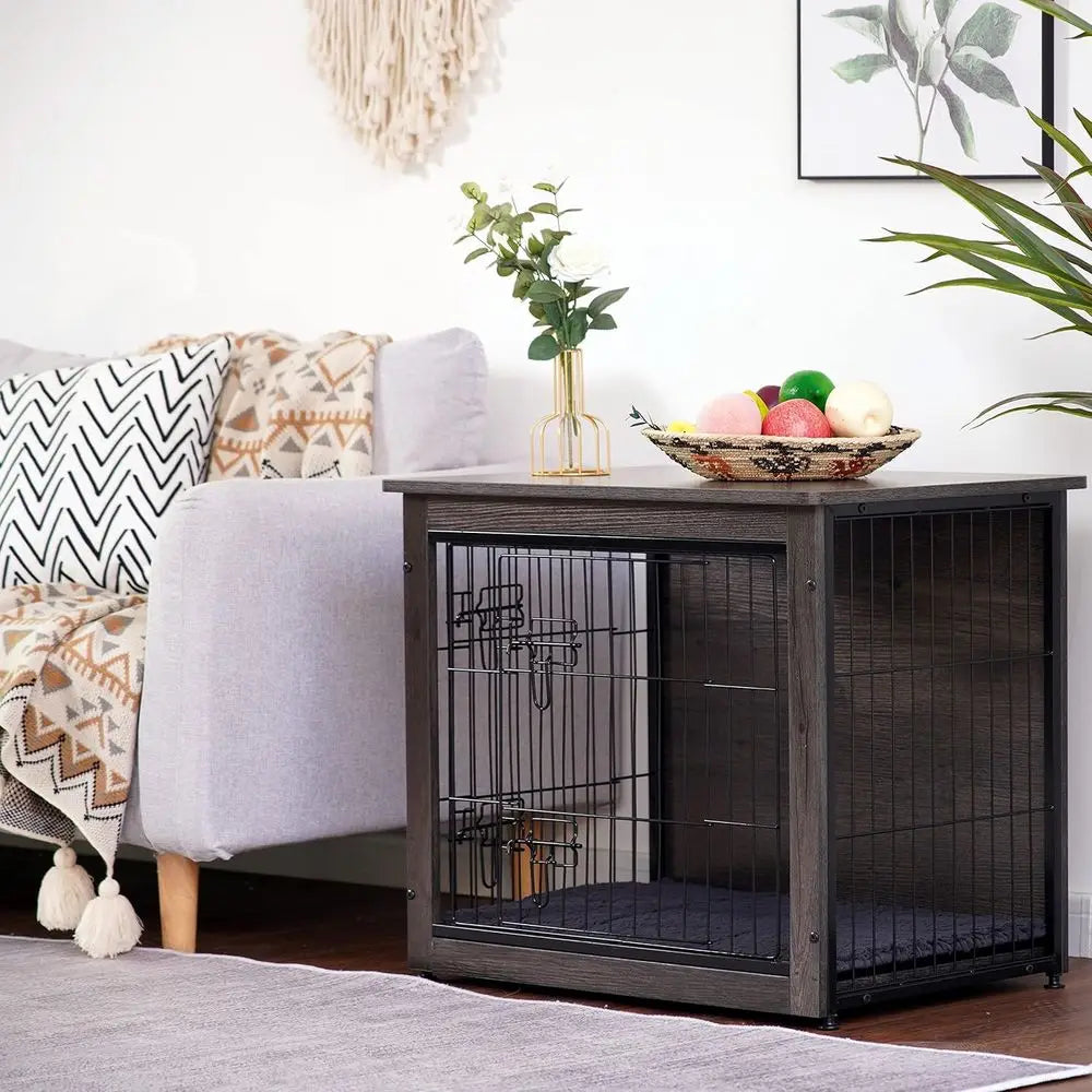 Wooden Indoor Dog Crate Table With Cushion And Double Doors