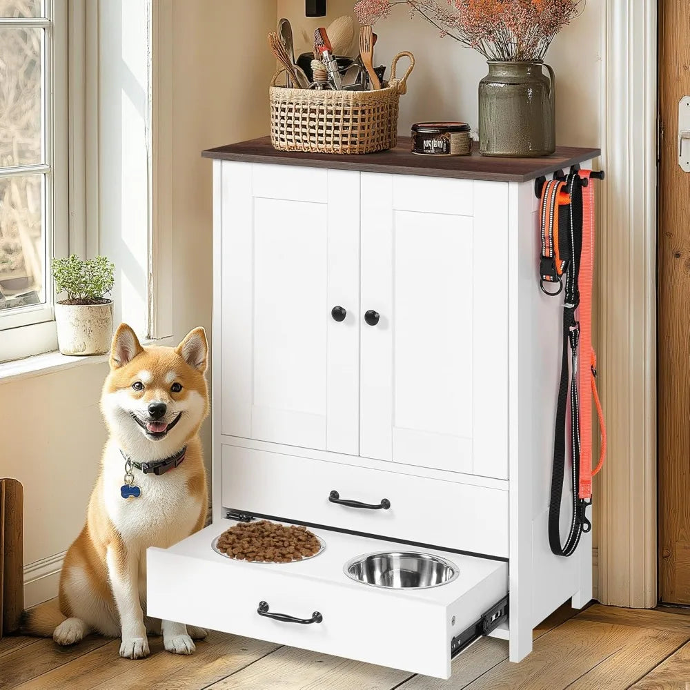 Feeder Station Dog Feeding Station Food Toy Storage Cabinet Container with Adjustable Pull Out Dog Bowls, Adjustable Panel