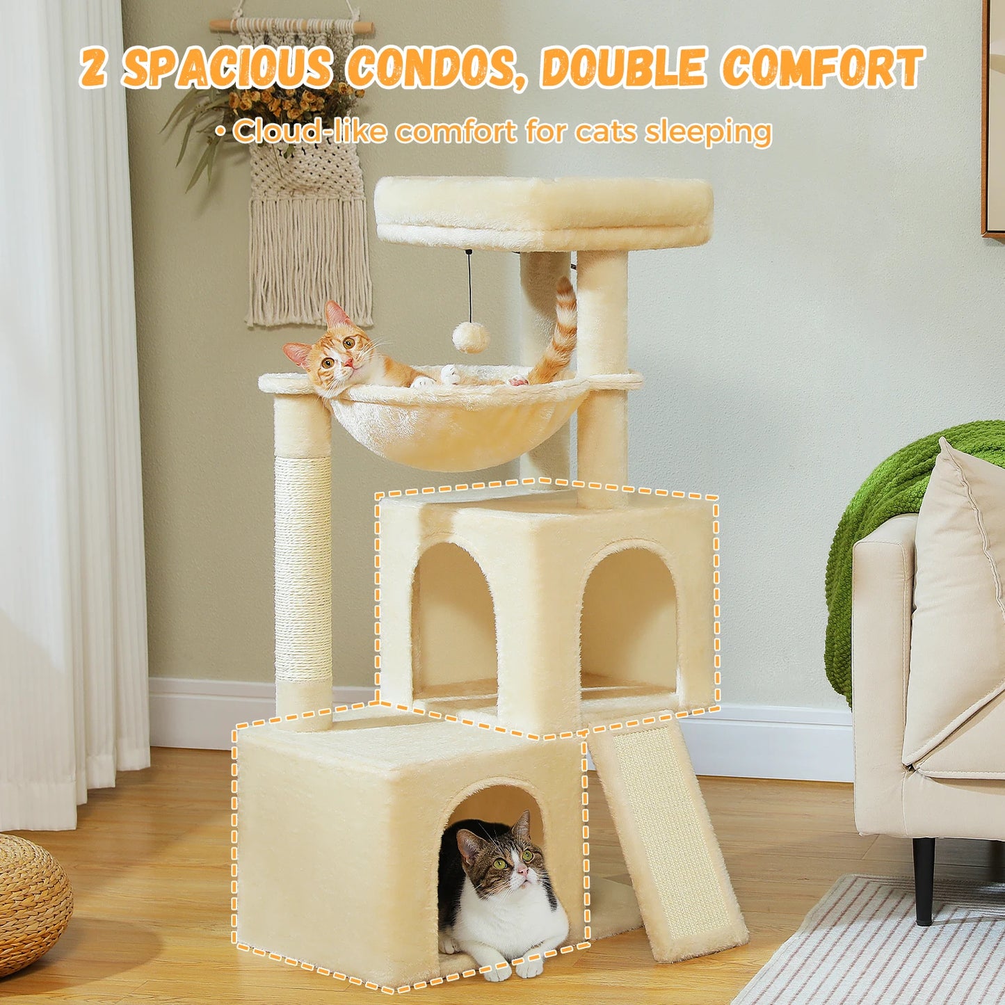 Large Cat Tree Multi-Level Cat Tower with 2 Spacious Condos for Indoor Cats Large Cat House with Comfy Hammock Padded Perch