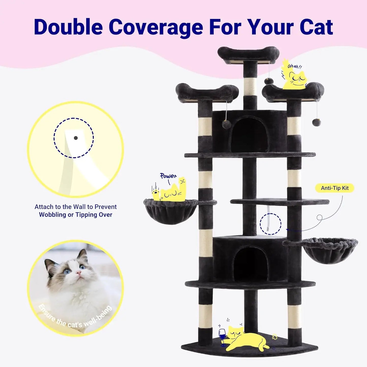 73in Fan-Shaped Space-Saving Corner Cat Tower/Multi-Level Tall Cat Tree for Indoor Kitties/Cozy Baskets/Condos/House/Perches