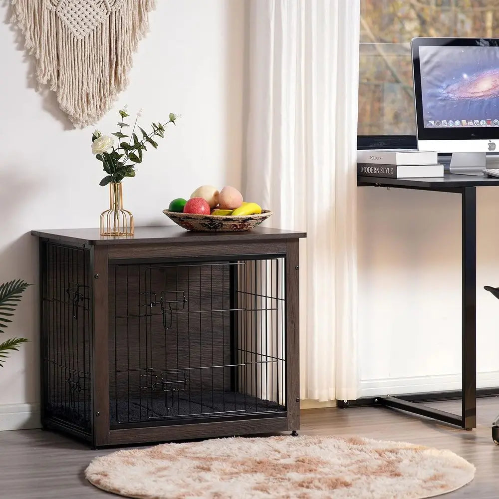 Wooden Indoor Dog Crate Table With Cushion And Double Doors