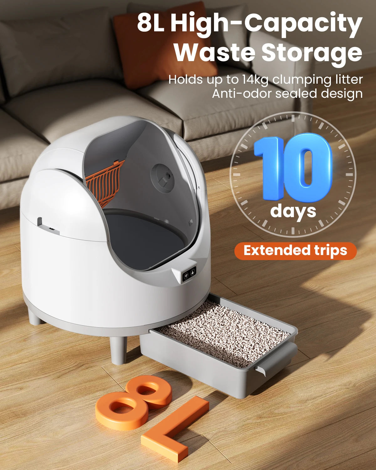 Smart Cat Litter Box, Self-Cleaning with Tuya App Control, 8L Large Capacity, Infrared Sensor Safety, Leak-Proof Design