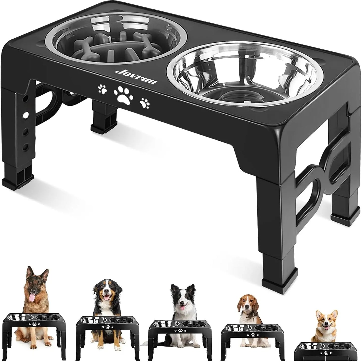 5 Heights Adjustable Elevated Dog Bowls Stainless Steel Slow Feeder Bowl Anti-Slip Raised Stand for Medium Large Dogs