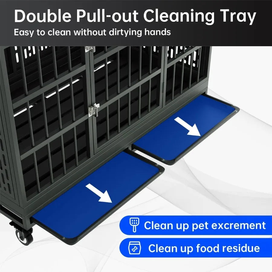 Heavy Duty Dog Crate with Wheels for Large and Medium Dogs 54/48/42/38 Inch Folding Metal Cage with Removable Tray Extra Large