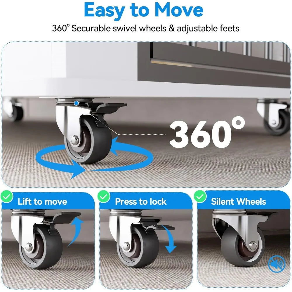 Modern Double Dog Crate Furniture for 2 Medium Dogs, Wooden Dog Kennel Indoor with Divider, Wheels, Storage, Heavy Duty Decorati