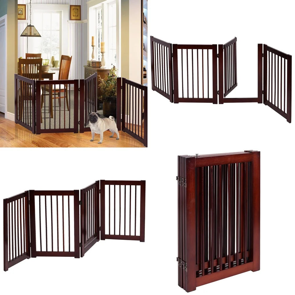 30 Inch Foldable Wooden Dog Fence with Gate 4 Panel Pet Enclosure for Indoor Outdoor Use Adjustable Puppy Playpen Safety Barrier