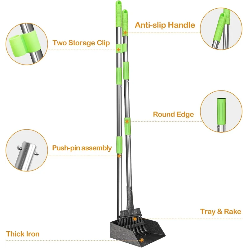 Dog Litter Pooper Scooper Long Handle Stainless Steel Tray Rake
