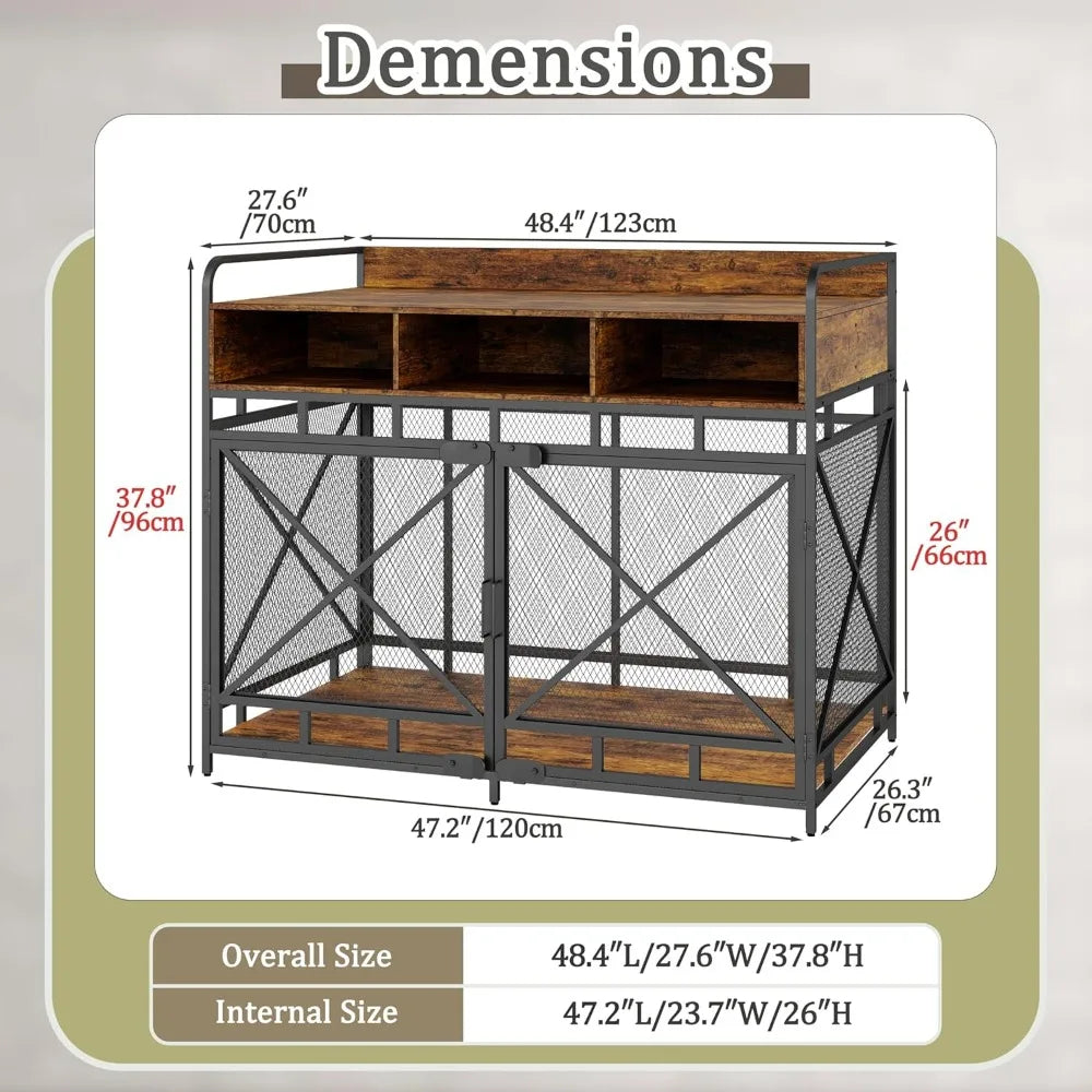 Dog Crate Furniture, 48 Inch Large Dog Kennel End Table with 3 Drawers, Heavy Duty Dog Crate for Large Dogs, Wooden Decorative X