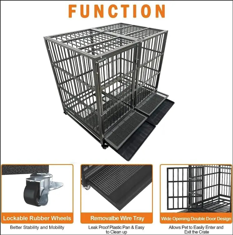 54-Inch Heavy-Duty Steel Dog Crate with Wheels, Escape-Proof Kennel for Large Breeds, Double Door & Tray