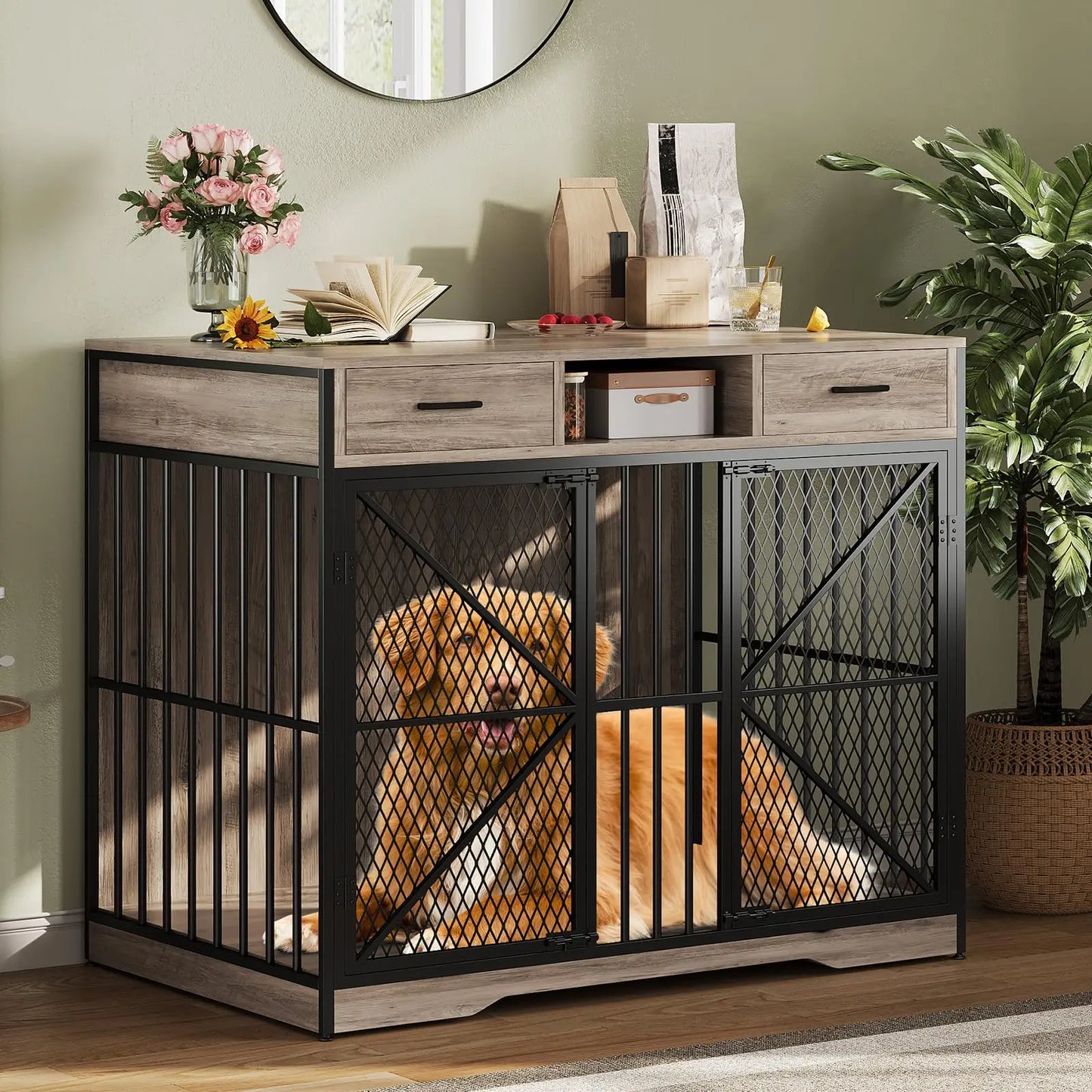 44" Large Dog Crate Furniture Heavy Duty Multi-Functional Pet Kennel Table With 2 Drawers Open Compartment Decorative Dog House