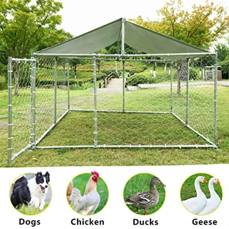 Outdoor Large Dog Kennel Heavy Duty Dog House Extra Wide Pet Kennel with Water-Resistant Cover for Back Yard Farm Silver