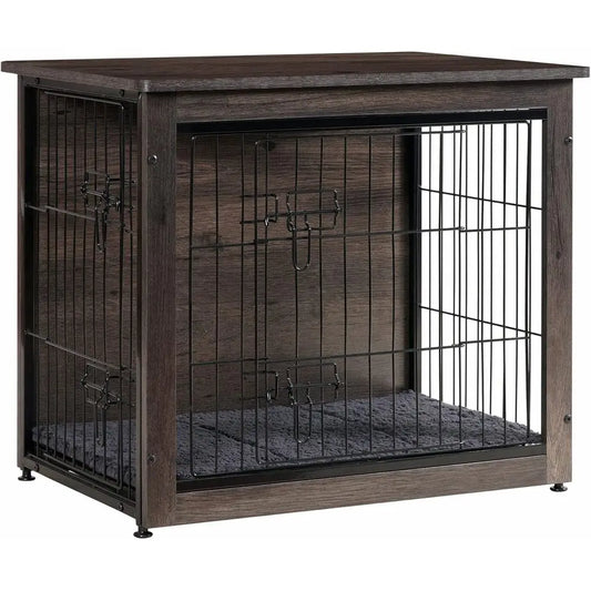 Wooden Indoor Dog Crate Table With Cushion And Double Doors