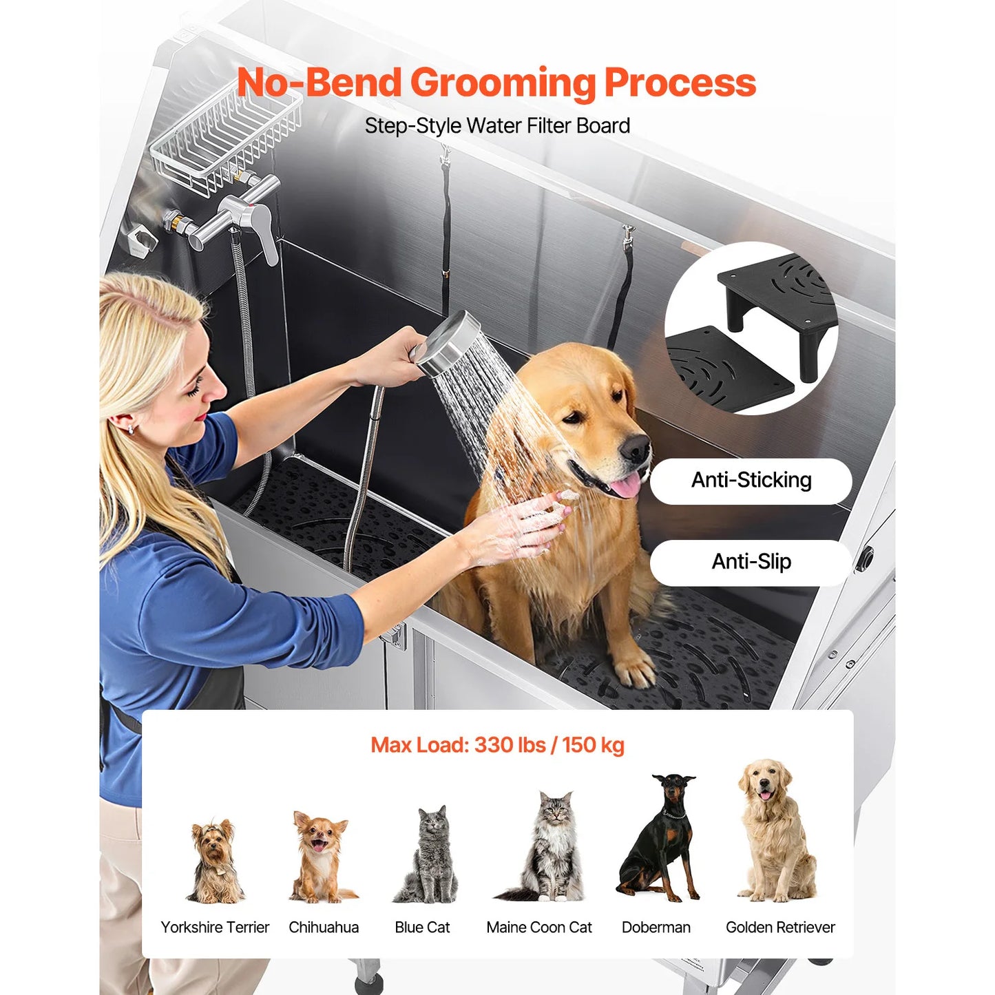 SucceBuy Stainless Steel Dog Washing Station 50inch w/ Ramp PE Water Filter Board Showerhead Soap Holder for Large Medium Small