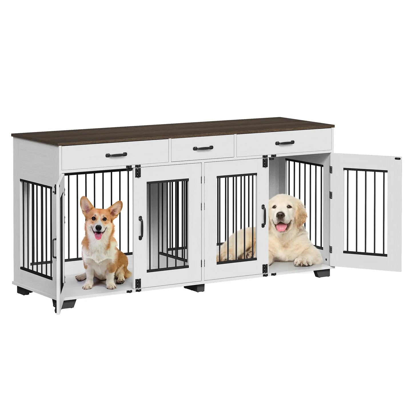 71'' Heavy Duty Double Dog Crate Furniture 2-in-1 Kennel With Divider 3 Storage Drawers & TV Stand For Medium Large Dogs