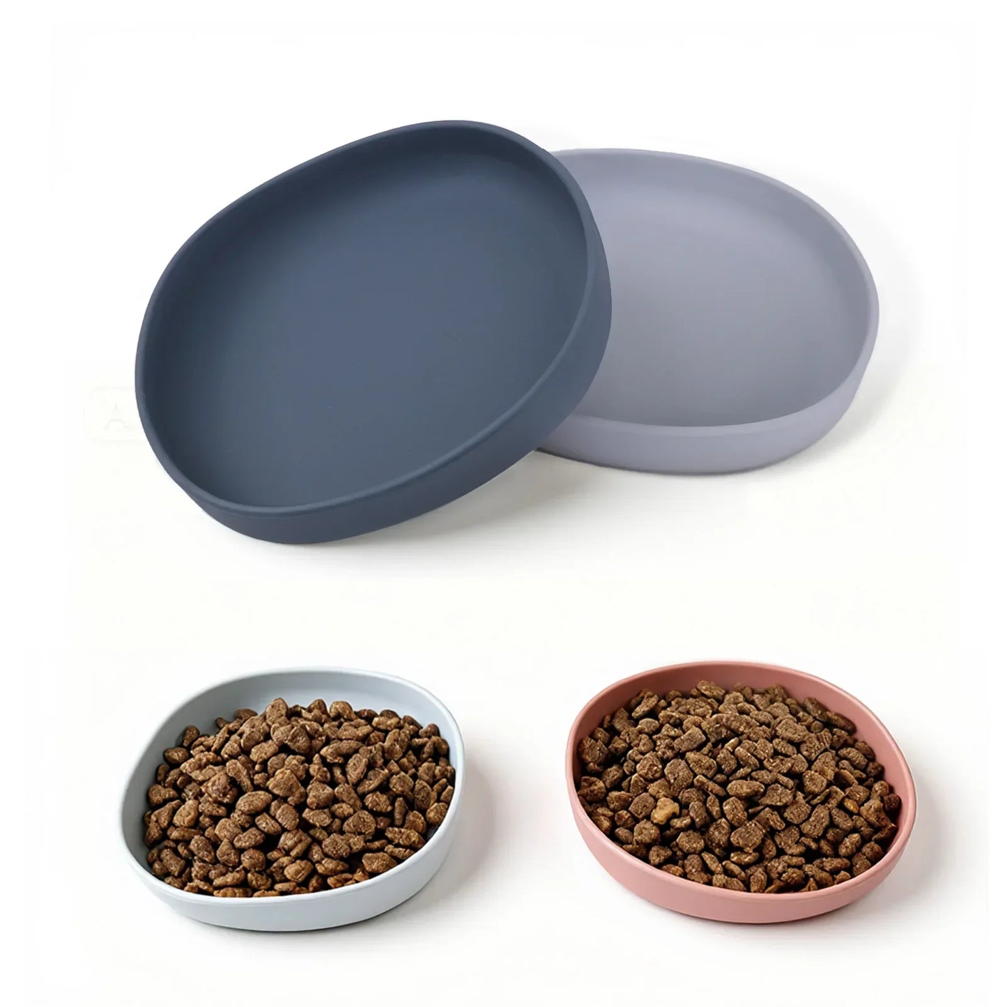 2PCS Whisker-Friendly Silicone Cat Plates, Wide Shallow Pet Bowls, Non-Spill Feeding Dish for Dry Wet Food
