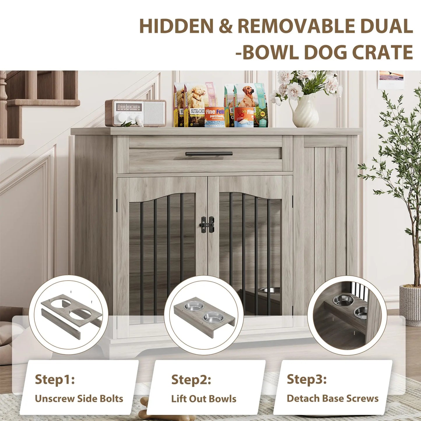 44 Inch Furniture Style Dog Crate Heavy Duty Wooden Dog Kennel With Drawer Side Storage & Built-in Feeding Station For Pets