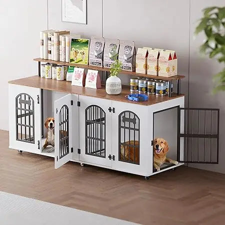 Modern Double Dog Crate Furniture for 2 Medium Dogs, Wooden Dog Kennel Indoor with Divider, Wheels, Storage, Heavy Duty Decorati