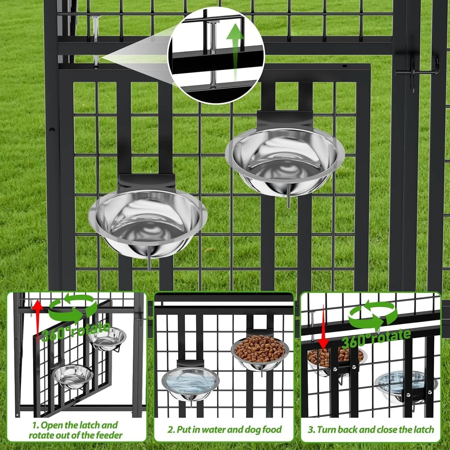 Heavy Duty Outdoor Dog Kennel with Rotating Bowls, 8x4x5.6ft, Durable Steel Frame and Waterproof Cover